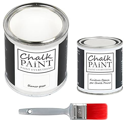 CHALK PAINT Bianco Gesso y acabado + pincel - Kit listo para pintar y proteger (750 ml color + 250 ml acabado + pincel profesional 40)