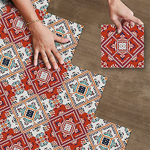 Hiseng Waterproof Floor Wall Tile Stickers, 20x20cm Self Adhesive DIY Rectangle Wear Resistant Colorful Floral Wall Tiles Sticker for Kitchen Bathroom Home Decor (Red,1 Set of 10pcs)