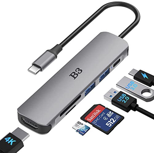 USB C Hub 6-in-1 Multiport-Adapter mit 4K@60Hz HDMI, 100W PD, 2 USB-A-Datenports, SD/TF-Kartenleser – Aluminium Type-C-Hub für MacBook Air/Pro M1/M2, iPhone 17 Pro Max, Surface Go, XPS, iPad