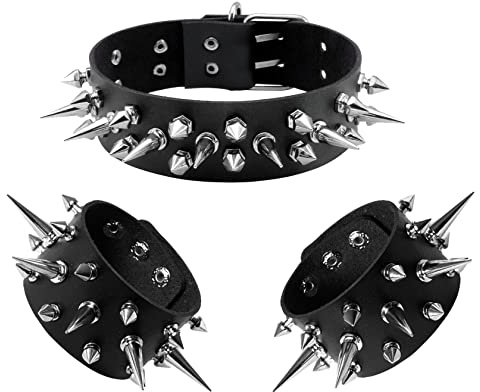 Manfnee Gargantilla de cuero con tachuelas y tachuelas de metal, estilo punk gótico, brazalete negro, Middle size, Cuero, No es una piedra preciosa
