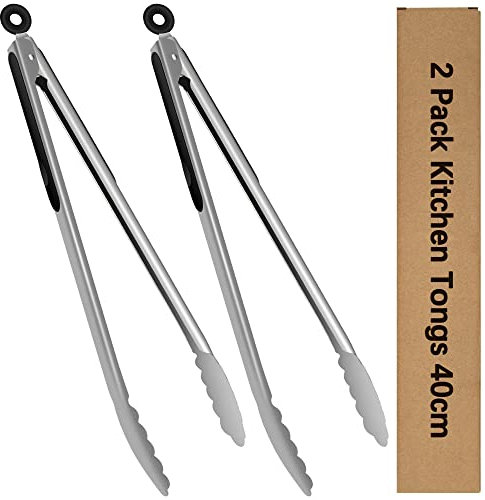 Pinza per barbecue in acciaio inox, lunga 40 cm, manico in silicone resistente al calore, con chiusura a clic, per cucinare, grigliare, buffet, barbecue, 2 pezzi