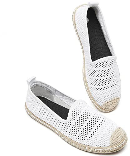 BABUDOG Women's Breathable Mesh Flats Shoes, Soft Loafers Flats, White Slip on Shoes Loafers(White.US6)