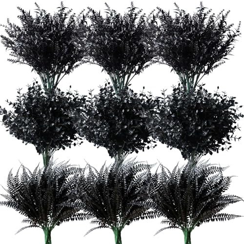 YXYQR 18 Bundles Black Halloween Artificial Plants Flowers Decorations Indoor Outdoor UV Resistant Plastic Fake Bushes Grass Shrubs Faux Greenery Arrangement
