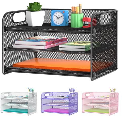Samstar 3 Tier Letter Tray Paper Organizer with Handle, Mesh Desk Organizer Paper Sorter File Rack Shelves, Black