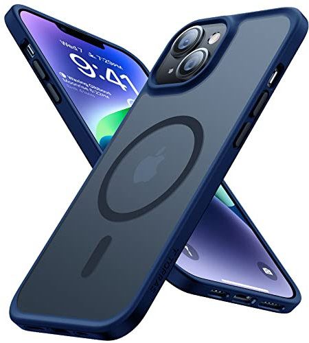 TORRAS Speziell für iPhone 14 Hülle [Kompatibel mit MagSafe] Matt Ölabweisend [Zertifizierter Militärischer Schutz] Handyhülle case, Guardian-Mag-Serie mit 3 Abnehmbaren Knöpfen Dunkelblau