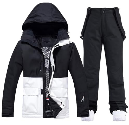 WOWULOVELY Women's Waterproof Ski Jacket and Pants Winter Windproof Rain Warm Hooded Coat Snowsuit Snowboarding, 133HB, Black,S