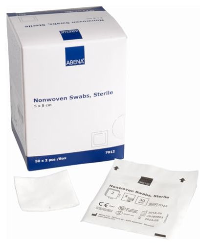 ABENA Kompressen 5x5 cm, Steril, Vlieskompressen, Mullkompressen, 100 Stück, ULTRASOFT Wundauflagen, 4-lagig, Verpackt 2 Stück, Nicht gewebt, Saugfähig, Weich, Nicht-klebende