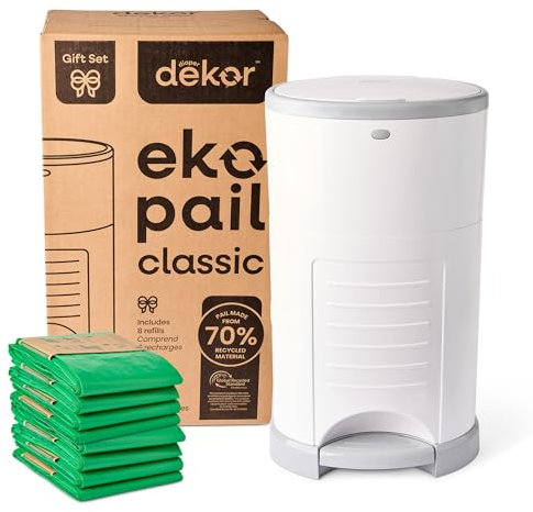Diaper Dekor EKO Classic Diaper Pail Gift Set, White ONLY Eco-Friendly Diaper Pail Made with 70% Recycled Materials Comes with up to a Year's Supply Worth of Diaper Dekor Refills!
