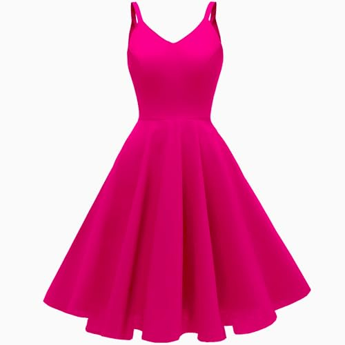 GOOBGS Women's 1950s Retro Vintage Spaghetti Strap Cocktail Swing Dresses with Pockets Fuchsia XS
