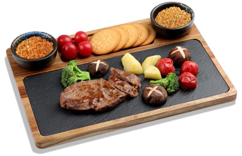 Servierbrett Set, Schiefer Servierbrett Holz, Käsebrett Set aus Akazien-Holz mit Schieferplatte,Schieferplatten Buffet-Platte Käseplatte mit Keramikschale- Perfekt für Antipasti