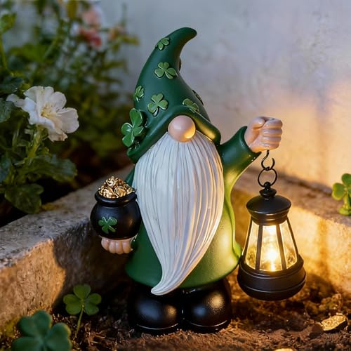 LEAESMHR St Patrick's Day Gnome Decorations Outdoor, Solar Leprechaun Decor with Pot of Gold, Resin Figurine with Shamrocks & Solar Light for Garden Patio, Gift Luck and Fortune