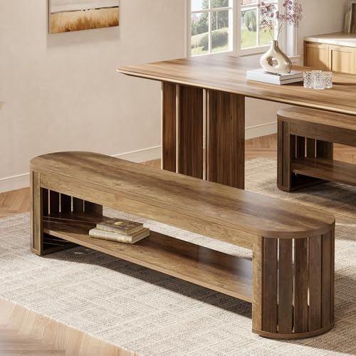 Tribesigns 63 Inch Wooden Dining Bench with Storage Shelf, Farmhouse Kitchen Bench, Arc Leg Entryway Seat for Dining Room, Hallway, Home Office, Rustic Brown, Easy Assembly