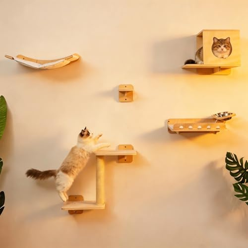 SEEYAURO 8-in-1 Cat Wall Shelves for Large Cats, Wall Mounted Cat Furniture with Feeding Station&Extra Wide Hammock, Heavy Duty Cat Climber for Indoor Cats to Sleep Play & Eat, 44lbs Capacity, Wood