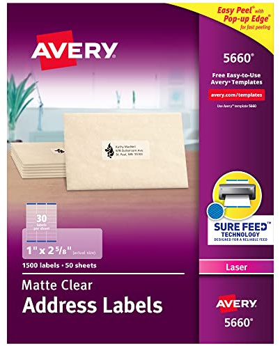 Avery Printable Address Labels, Sure Feed Technology, 1 x 2-5/8, Matte Clear, Compatible with Laser Printers, 1,500 Blank Labels Total, Great for Mailing, Branding, and More (5660)