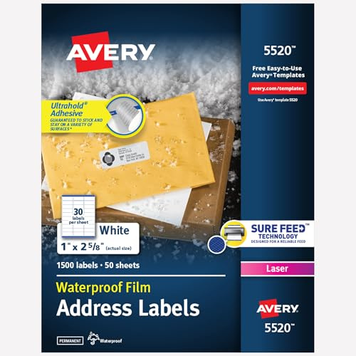 Avery Durable Waterproof Address Labels, Sure Feed Technology, 1 x 2-5/8, White, Laser & Pigment-Inkjet Compatible, 1,500 Blank Labels Total, Great for Mailing, Branding, and More (5520)