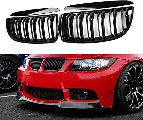Ricoy Rejillas de rejilla de riñón delanteras negras brillantes para 2005-2008 325i 328i Sedan Wagon E90 E91 4 puertas (doble lama)