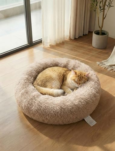 OKPOW Donut Dog Bed,Calming Anti Anxiety Small Dog Beds,Washable Soft Warm Plush Fleece Fluffy Soothing Cat Pet Cushion,Round Orthopedic Relief Improved Sleeping Non Slip Bottom Kitten Bed, 50cm