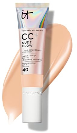 IT Cosmetics CC+ Nude Glow (Light Medium) - Medium Coverage Foundation with SPF 40 & Brightening Glow Serum, Lightweight Skin Tint, 2% Niacinamide + Hyaluronic Acid, Up to 24H Hydration - 1.08 fl oz