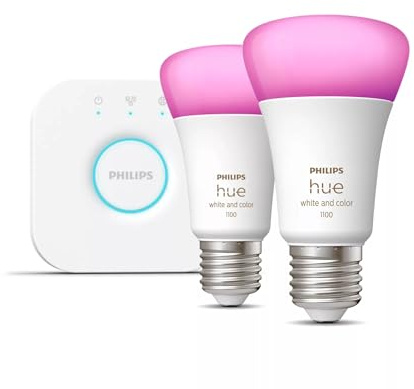 Philips Hue White/Colour Wireless Lighting LED Kit with 2 E27 Bulbs & Bridge A