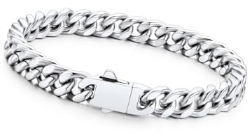 Richsteel Pulsera Cadena Cubana Hombre Plata Acero Inoxidable Plateado 7mm Ancho Pulseras Cubanas Cadenas Eslabones con Cierre de Presión Joyas de Hombres Mujeres 19cm