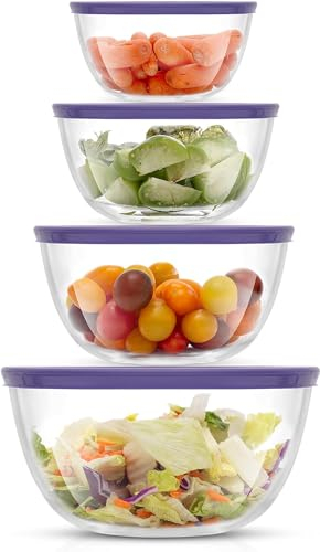 LEOM Glass Mixing Bowls with Lids, Baking Bowls, Large Glass Bowls for Salad, Resistant Glass Tableware Bowls Set 2L,1.5L,1L,0.75L, Oven Safe, Microwave Freezer Safe, 8Pcs Set, Thick & Strong