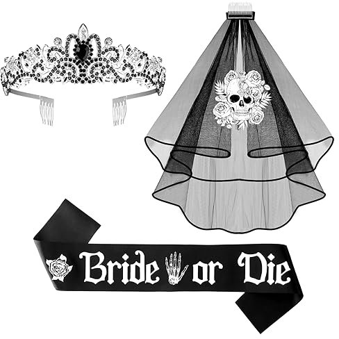 Crowye 3 Pcs Bride or Die Bachelorette Party Decorations Black Bride Veil Crystal Tiara Crown Skull with Sash Gothic Wedding Decorations Bridal Shower Supplies