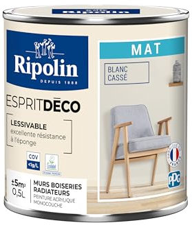 RIPOLIN - Peinture Intérieure Multi-Supports – Murs, Boiseries & Radiateurs – Ultra Couvrante – Lessivable – Application Facile – Ecolabel - Aspect Mat - 0,5L - Blanc Cassé