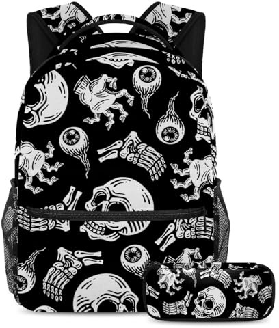 VAPOKF Ensemble sac d'école motif tête de mort et boule oculaire zombie pour adolescentes, filles, garçons, enfants, sac à dos avec trousse à crayons pour l'école primaire, secondaire et lycée,