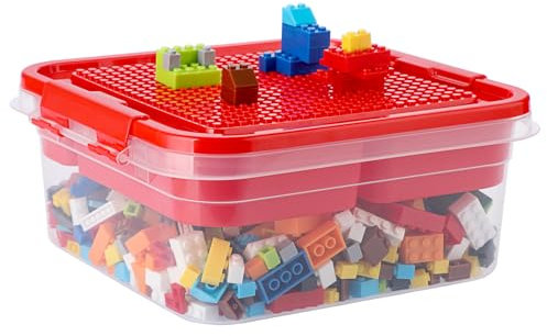 OGA Plastic Storage Container with Bricks Baseplate Lid for Building Blocks, Bricks Building Set Organization Bin with Compartments Tray, Stackable Storage Box Building Block Chest Case (Red)