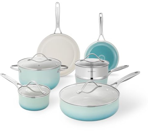ONGIFT Kitchen Pots and Pans Set Non Stick, 11 Pcs Ceramic Cookware Set with Stay-Cool Handle, Pot and Pan Set NonToxic PFOA/PFAS Free, Dishwasher/Oven Safe, Evenly Heats, Enamel Exterior - Teal