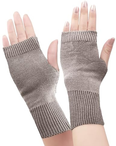 Cashmere Fingerless Gloves, Thumb Hole Wrist Warmers - Wool Blend Half Fingerless Knitted Gloves - Warm Winter Gloves Thermal Women Mittens Hand Warmers for Girls Ladies Christmas Gifts (Tawny)
