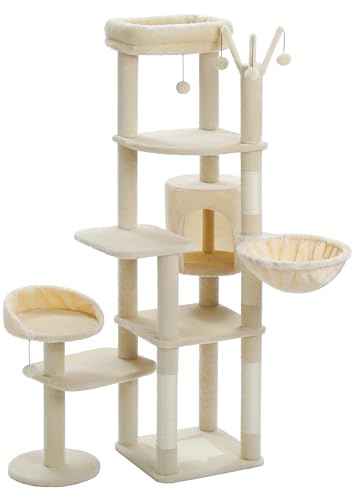 PETEPELA Tiragraffi da 150 cm per Gatti, Albero Alto per Gatti Grandi, Torre per Gatti a Più Livelli, Tiragraffi per Gatti da Interno, Casa per Gatti con Grande Amaca, Tiragraffi e 2 Posatoi, Beige
