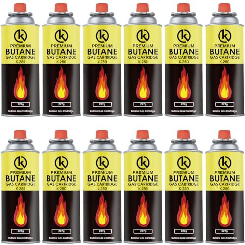 KROWN - Pack de Cartuchos K-250 de Gas Butano 227g para Hornillos Quemadores, Cartucho de Gas para Camping K-250, Bombonas para Sopletes (12 Unidades)
