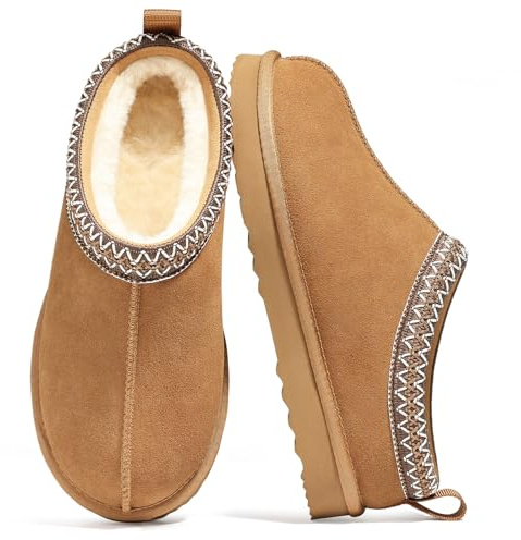 bebealy Genuine Suede Fuzzy Slippers for Women Winter Warm House Shoes Cozy Mini Boots for Indoor Outdoor, Chestnut 42