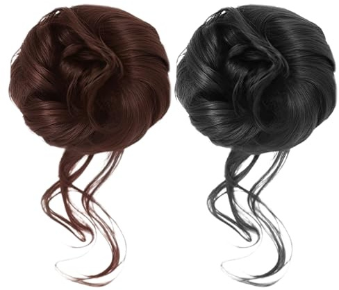 Moño Postizo, Voluminoso Moños Postizos, Extensiones de Cabello Rizado Sintético, Donut Moño con Goma, Moño Postizo Pelo Natural para Mujer, Marrón Oscuro y Negro