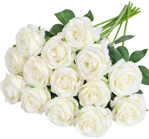 CECOMBINE 14 Pcs White Artificial Roses, 20in Single Long Stem Silk Fake Rose, Realistic Artificial White Roses for DIY Bouquets Wedding Party Garden Arrangements Hotel Office Decor
