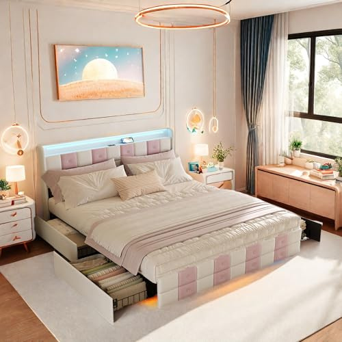 Dormely Lit Coffre 160x200 avec 4 Tiroir, LED Lit Double avec Ports USB/C, Cadre Lits rembourré avec Sommier à Latte, 2 Places pour Adultes et Ados, Blanc Velours sans Matelas