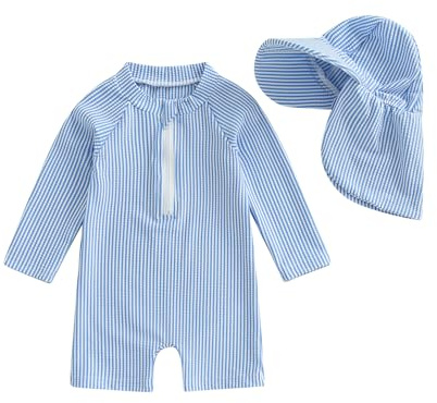 Springcmy Toddler Baby Boys Swimsuit One Piece Long Sleeve Rash Guard Zipper Bathing Suit Swimwear with Hat Beachwear Wetsuit (B Stripe Blue, 12-18 Months)