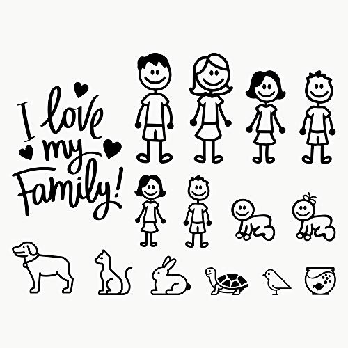 Autodomy Pegatinas Familia Feliz Pack de 15 Adhesivos Calcomanias Stickers para Coche | Adhesivos Coche Familia y Mascotas