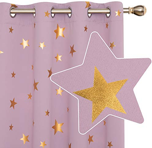 Deconovo Thermal Curtains, Eyelet Blackout Curtains, Room Darkening Gold Star Foil Printed, Curtains for Kids Bedroom, 46 x 90 Inch(Width x Length), Light Pink, 2 Panels