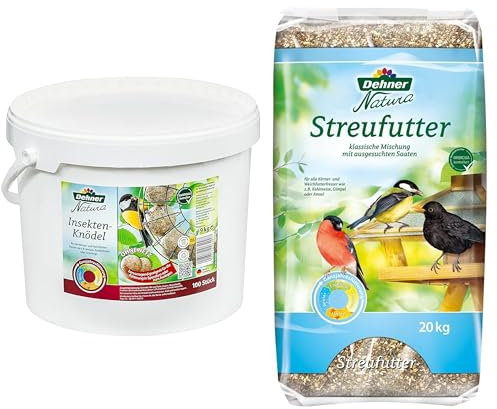 Dehner Natura Wildvogelfutter, Streufutter, 20 kg & Natura Wildvogelfutter, Insekten-Knödel, ohne Netz, 100 Stück (10 kg)