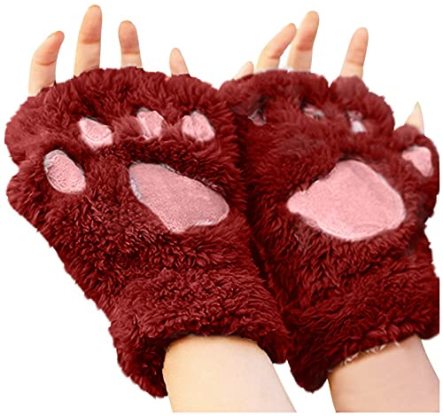 Vin Kvinnors Kattklor Fleecehandskar, Tass Vantar Fuskpäls Vinter Varma Halvfinger Handskar, Söta Katttass Cosplay, One Size