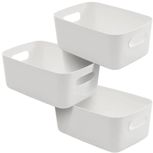 SA Products Set of 3 Storage Box | Grey Storage Boxes With Handle | Rectangular Plastic Storage Baskets | Stylish Cupboard Organiser For Kitchen, Home, Office and Bathroom (White)