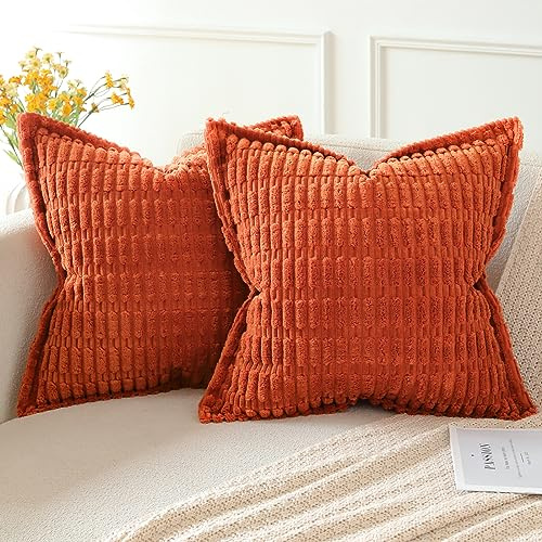Artscope Orange Cushion Covers Set of 2 Corduroy Decorative Square Striped Pillowcase with Stitched Edge Pillow Covers 40x40cm for Home Decor Sofa Bedroom Car