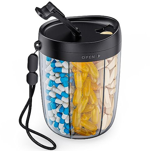 AUVON Pill Dispenser Holds 1 Monthly Vitamins, Supplement Pill Box Easy to Retrieve, Pill Organiser with Anti-Mixing & Wide Openings Designs, Medication Organiser Includes 20 Sticky Labels