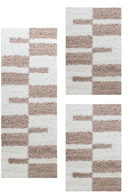 Carpetsale24, Set 3 Tappeti Shaggy Beige per Camera da Letto – Pelo Lungo, Motivo a Quadri – 2x 60x110 cm + 1x 80x150 cm – Morbidi e Facili da Pulire