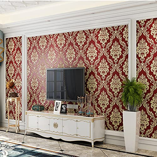 HimYKEA European Retro 3D Flower Damask Wallpaper for Bedroom Living Room Background Home Decoration Non-Pasted Wall Paper Roll Dark Red Colour 1.73' W x 32.8' L