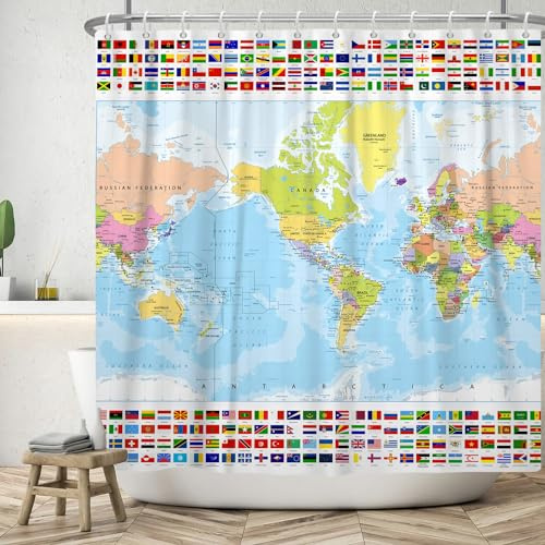 ASDCXZ Weltkarte Duschvorhang 180x200 cm, Modern Einfachheit Weltkarte Global Nationalflagge Waschbar Duschvorhänge Polyester Stoff Wasserdicht Anti Schimmel Duschvorhang für Badewanne mit 12 Haken