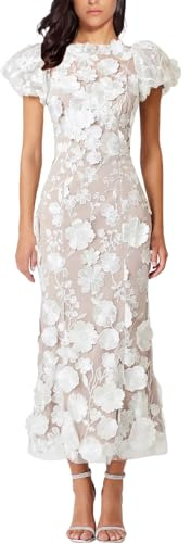 NeeMee Women's 3D Floral Embroidery Dress Ruffle Sleeve Fishtail Lace Bodycon Party Cocktail Mini Dress(White-L), Large