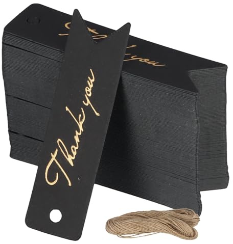 100 Pcs Bigliettini Bomboniere, 7x2cm, Etichette Regalo Piccole con 20m Corda, Etichette Carta Kraft Personalizzabili, Cartellini Prezzi, Cartoncini Bomboniere Feste Compleanno, 300gsm (Nero)